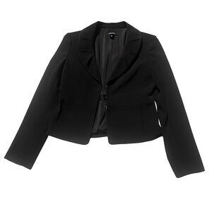 Ann Taylor Women’s Black Blazer Suit Jacket Hook Closure Ruffle Lapels Size 4